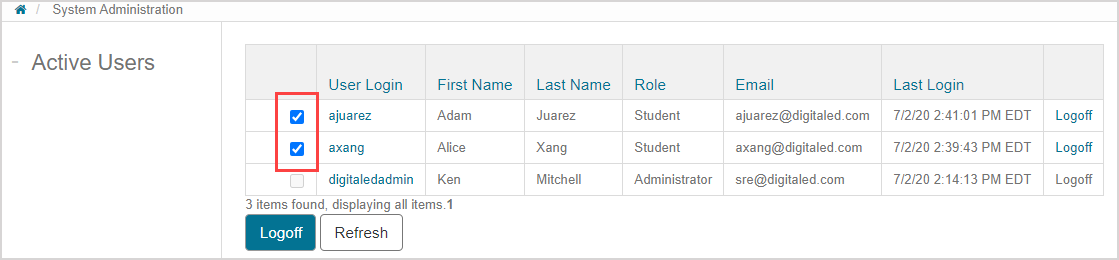 Table on Active Users page. In the leftmost column, the checkboxes for some rows in the table are highlighted.